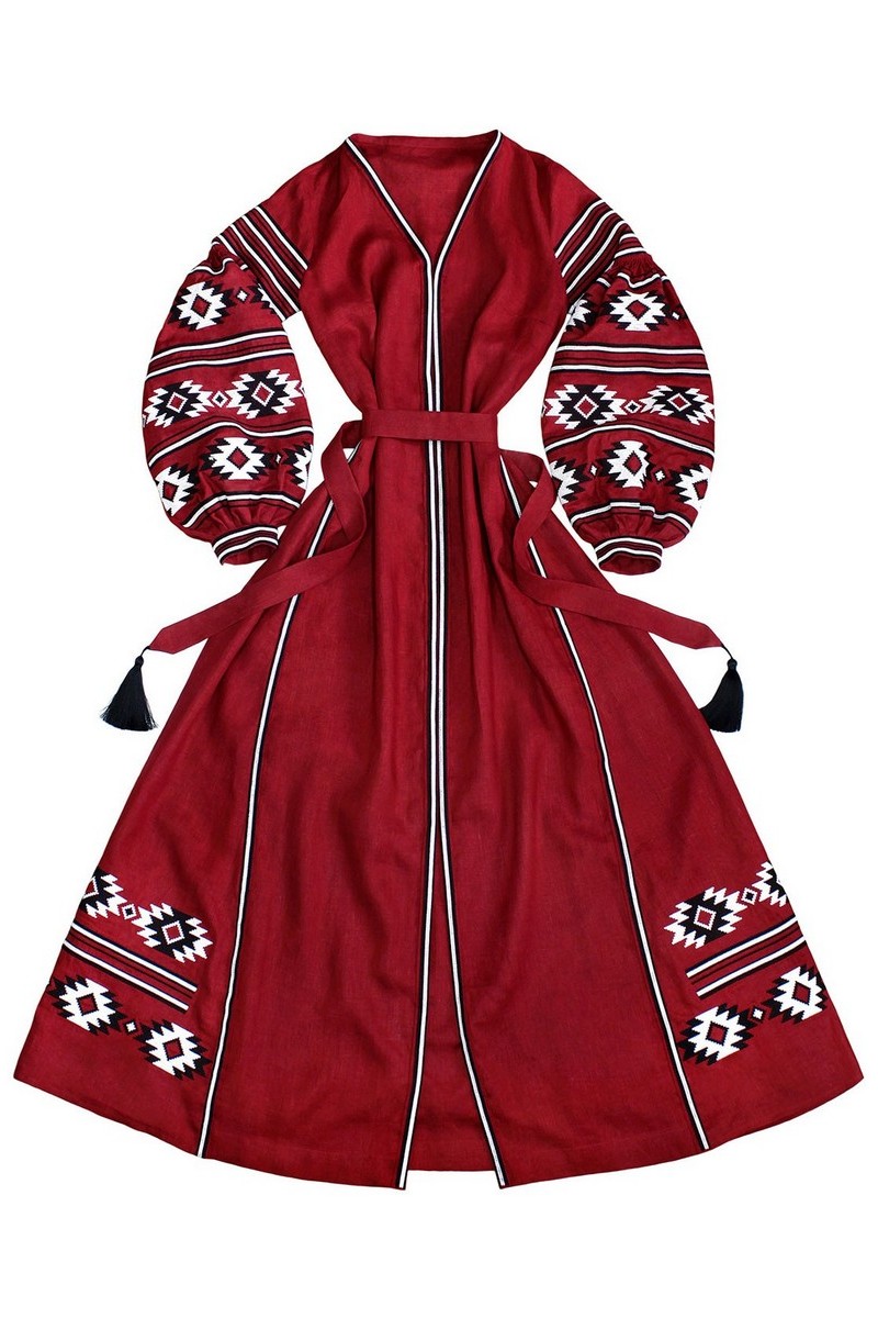 Buy Burgundy long linen designer Ukrainian flavor ethnic ornament unique vyshivanka dress